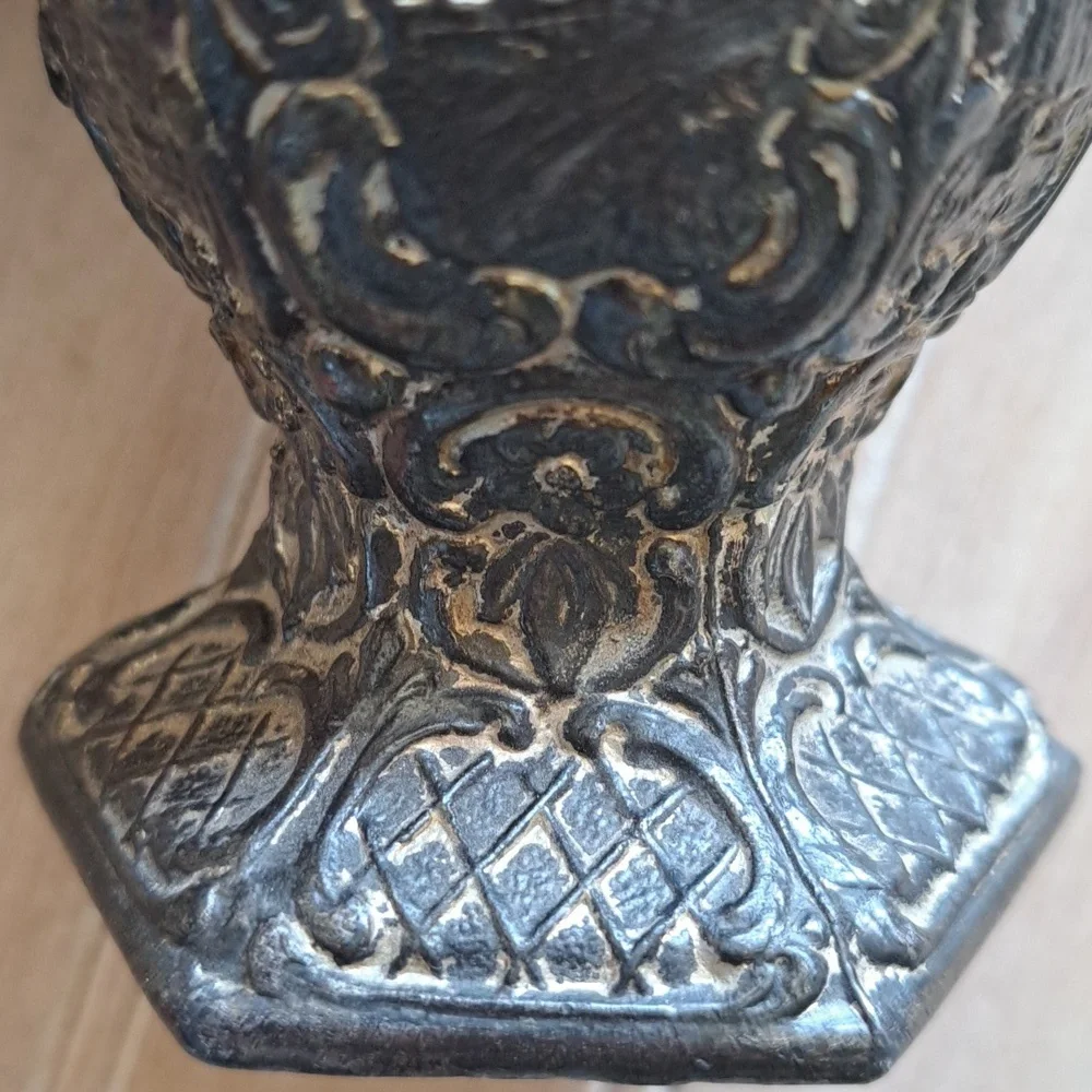 Vintage Old Dutch-Style Embossed Pewter Vase with Windmill & Figurine Motif